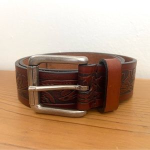 Brown Genuine Leather Belt with Floral Embossed Western Design